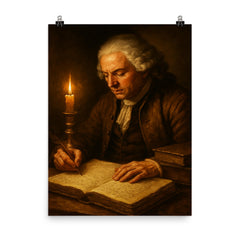 Richard Cantillon candlelit merchant manuscript poster on a plain backdrop in size 8"x10".