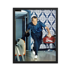 Richard Nixon bowling framed print on a plain backdrop in size 16"x20".