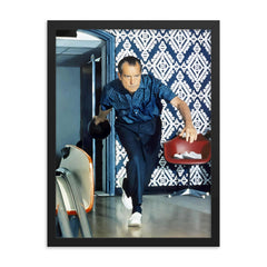 Richard Nixon bowling framed print on a plain backdrop in size 18"x24".