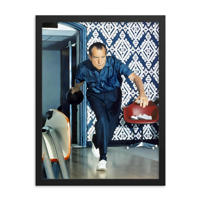 Richard Nixon bowling framed print on a plain backdrop in size 18