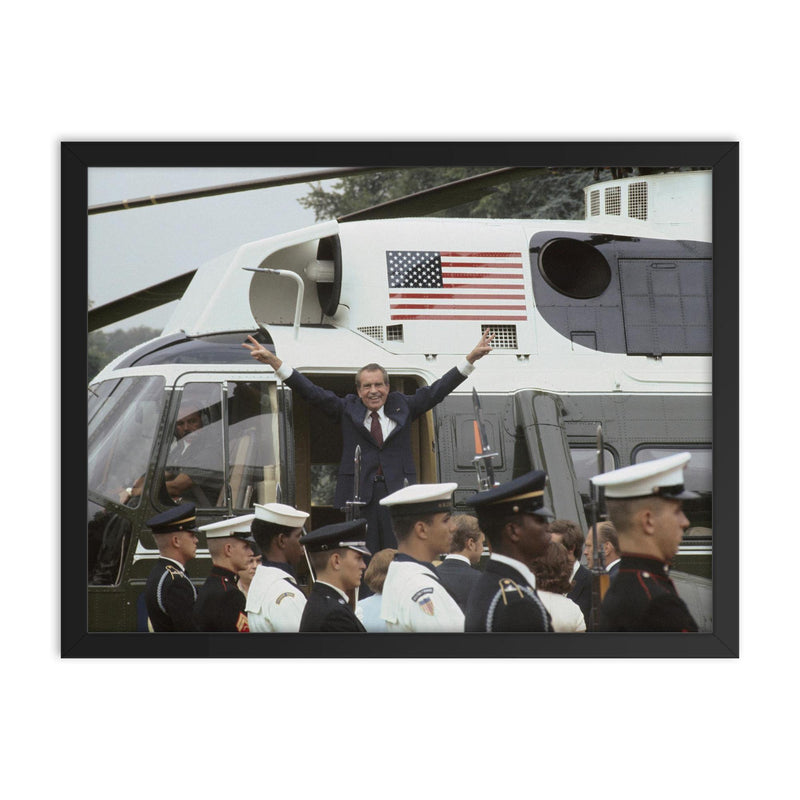 Richard Nixon Waves Goodbye After Resigning, August 9, 1974 framed print on a plain backdrop in size 18