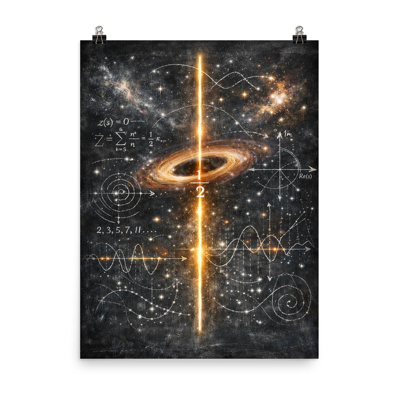 Riemann zeta critical line cosmic blackboard poster on a plain backdrop in size 8