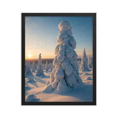 Riisitunturi Snow laden Trees Finland framed print on a plain backdrop in size 16"x20".