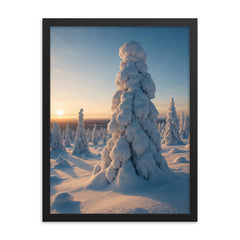 Riisitunturi Snow laden Trees Finland framed print on a plain backdrop in size 18"x24".