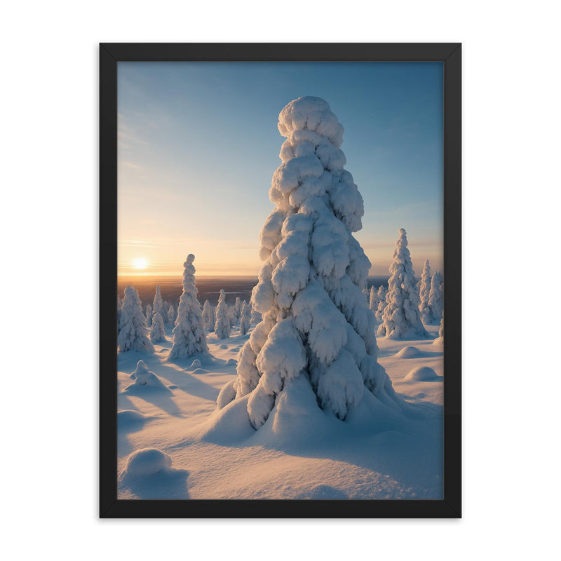 Riisitunturi Snow laden Trees Finland framed print on a plain backdrop in size 18
