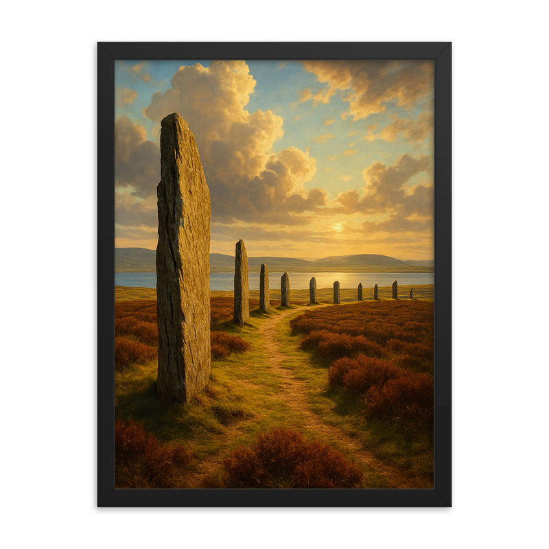 Ring of Brodgar Scotland framed print on a plain backdrop in size 18
