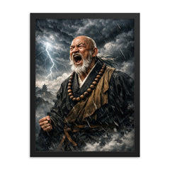 Rinzai master shouting beneath storm clouds framed print on a plain backdrop in size 18"x24".