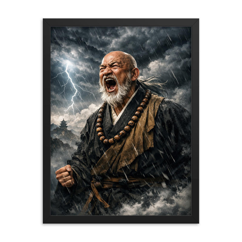Rinzai master shouting beneath storm clouds framed print on a plain backdrop in size 18