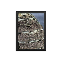 RMS Queen Elizabeth Arriving in New York Harbor with Soldiers, 1945 framed print on a plain backdrop in size 12"x16".