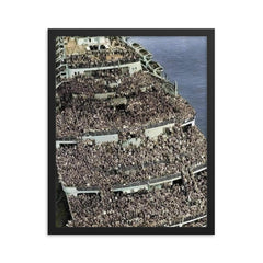 RMS Queen Elizabeth Arriving in New York Harbor with Soldiers, 1945 framed print on a plain backdrop in size 16"x20".