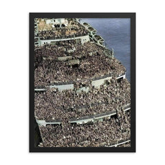 RMS Queen Elizabeth Arriving in New York Harbor with Soldiers, 1945 framed print on a plain backdrop in size 18"x24".