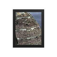 RMS Queen Elizabeth Arriving in New York Harbor with Soldiers, 1945 framed print on a plain backdrop in size 8"x10".