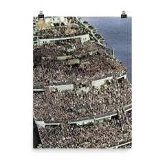 RMS Queen Elizabeth Arriving in New York Harbor with Soldiers, 1945 poster on a plain backdrop in size 8"x10".