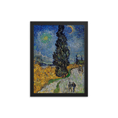 Road with Cypress and Star by Vincent van Gogh framed print on a plain backdrop in size 12"x16".