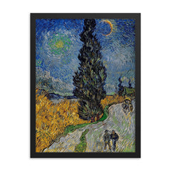 Road with Cypress and Star by Vincent van Gogh framed print on a plain backdrop in size 18"x24".