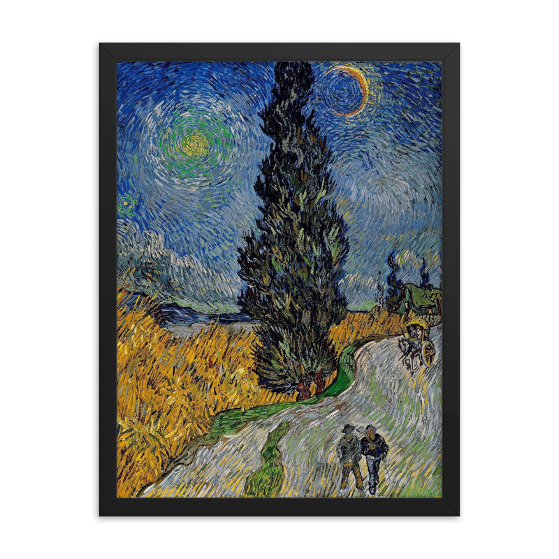 Road with Cypress and Star by Vincent van Gogh framed print on a plain backdrop in size 18