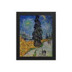 Road with Cypress and Star by Vincent van Gogh framed print on a plain backdrop in size 8"x10".