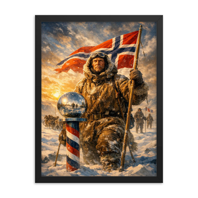 Roald Amundsen at the South Pole framed print on a plain backdrop in size 18