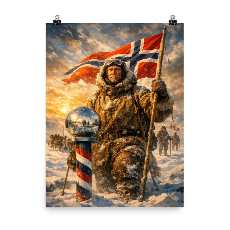 Roald Amundsen at the South Pole poster on a plain backdrop in size 8
