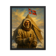 Roald Amundsen at the South Pole tent framed print on a plain backdrop in size 16"x20".