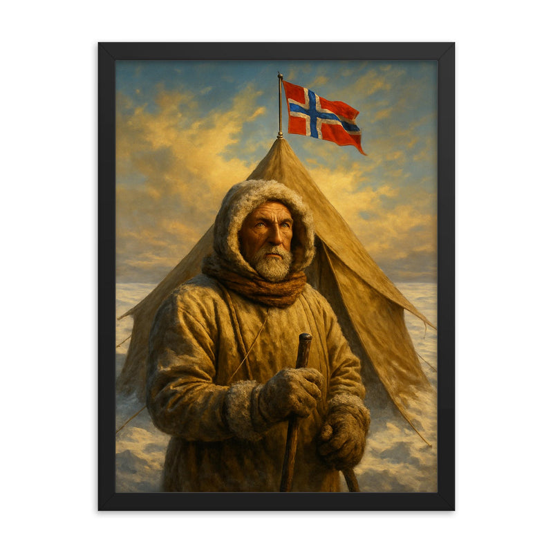Roald Amundsen at the South Pole tent framed print on a plain backdrop in size 18
