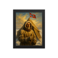 Roald Amundsen at the South Pole tent framed print on a plain backdrop in size 8"x10".