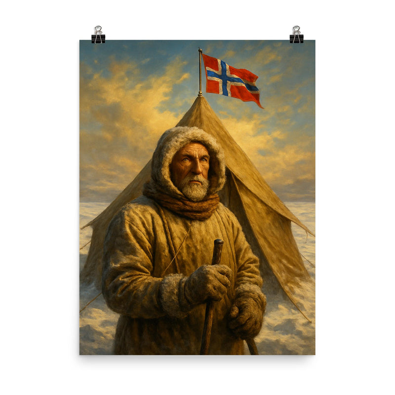 Roald Amundsen at the South Pole tent poster on a plain backdrop in size 8