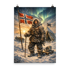 Roald Amundsen at the South Pole tent poster on a plain backdrop in size 8"x10".