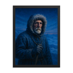 Roald Amundsen in polar blue twilight framed print on a plain backdrop in size 18"x24".