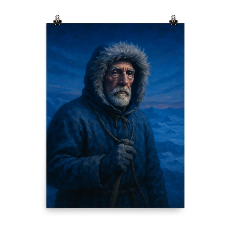 Roald Amundsen in polar blue twilight poster on a plain backdrop in size 8