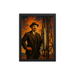 Robert Goddard beside experimental rocket tower framed print on a plain backdrop in size 12"x16".
