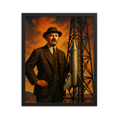 Robert Goddard beside experimental rocket tower framed print on a plain backdrop in size 16"x20".