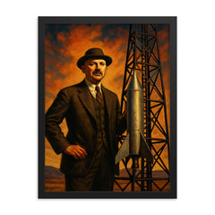 Robert Goddard beside experimental rocket tower framed print on a plain backdrop in size 18"x24".