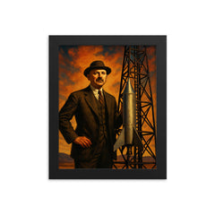 Robert Goddard beside experimental rocket tower framed print on a plain backdrop in size 8"x10".