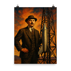 Robert Goddard beside experimental rocket tower poster on a plain backdrop in size 8"x10".
