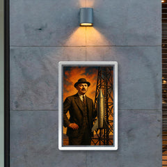 Robert Goddard beside experimental rocket tower poster 2