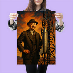Robert Goddard beside experimental rocket tower poster 3