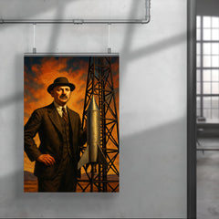 Robert Goddard beside experimental rocket tower poster 4