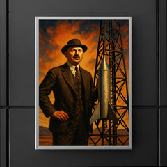 Robert Goddard beside experimental rocket tower poster 5