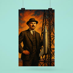 Robert Goddard beside experimental rocket tower poster 6