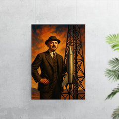 Robert Goddard beside experimental rocket tower poster 7