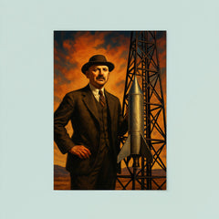 Robert Goddard beside experimental rocket tower poster 8
