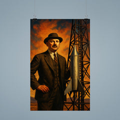 Robert Goddard beside experimental rocket tower poster 9