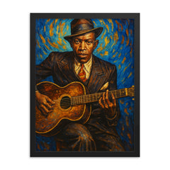 Robert Johnson framed print on a plain backdrop in size 18"x24".