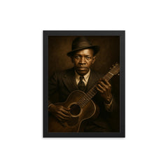Robert Johnson portrait framed print on a plain backdrop in size 12"x16".