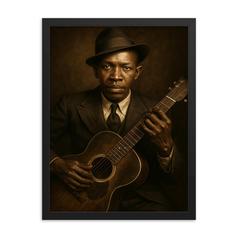 Robert Johnson portrait framed print on a plain backdrop in size 18