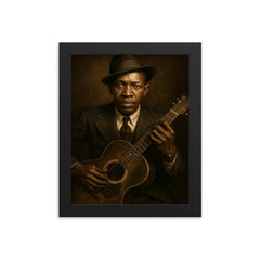 Robert Johnson portrait framed print on a plain backdrop in size 8"x10".