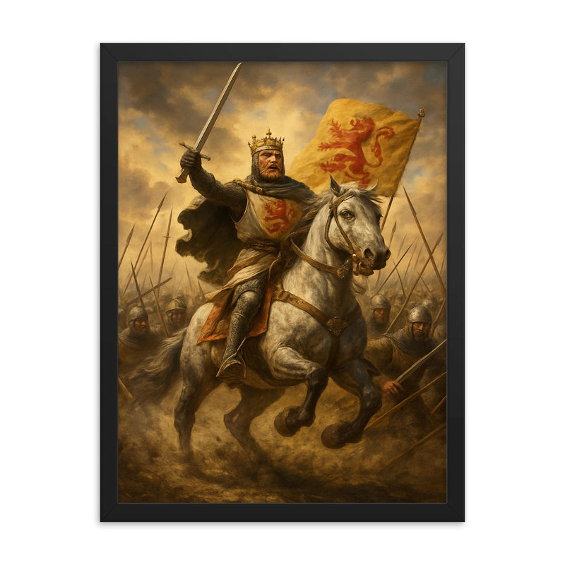 Robert the Bruce at Bannockburn charge framed print on a plain backdrop in size 18