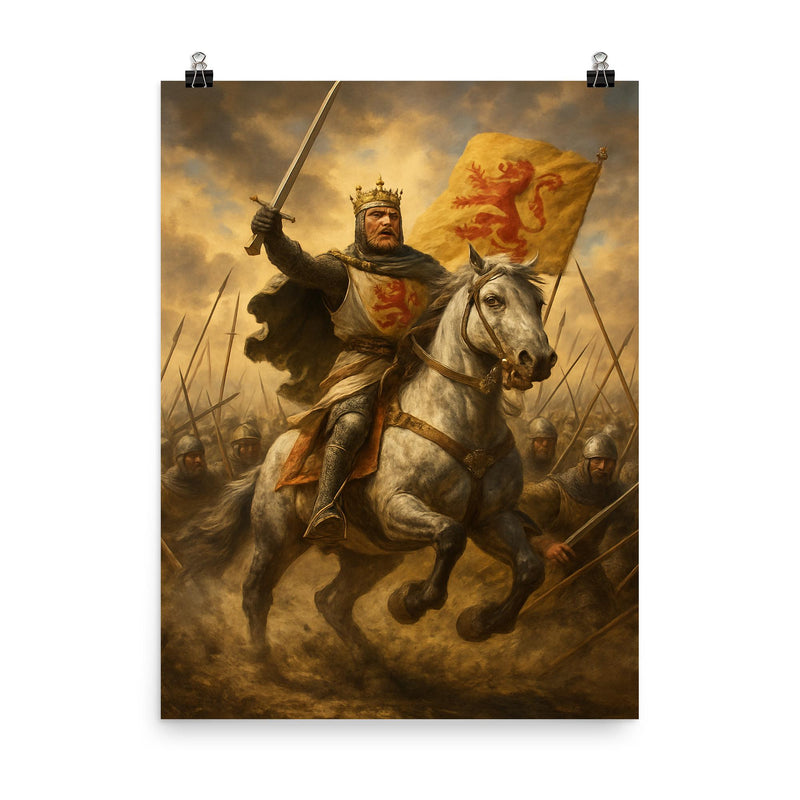 Robert the Bruce at Bannockburn charge poster on a plain backdrop in size 8