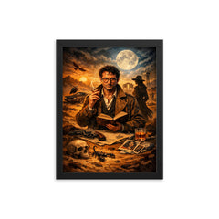 Roberto Bolano desert poet detective tableau framed print on a plain backdrop in size 12"x16".